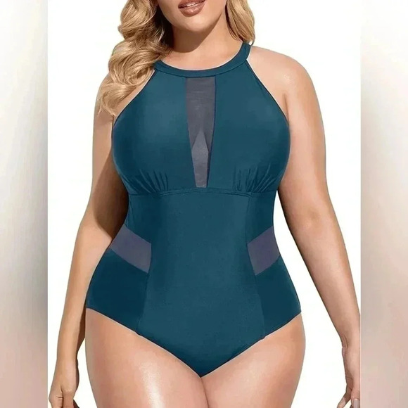 Daci Plus Size 22W‎ One Piece Teal Swimsuit High Neck Plunge Mesh Cut Out NEW - Picture 1 of 11